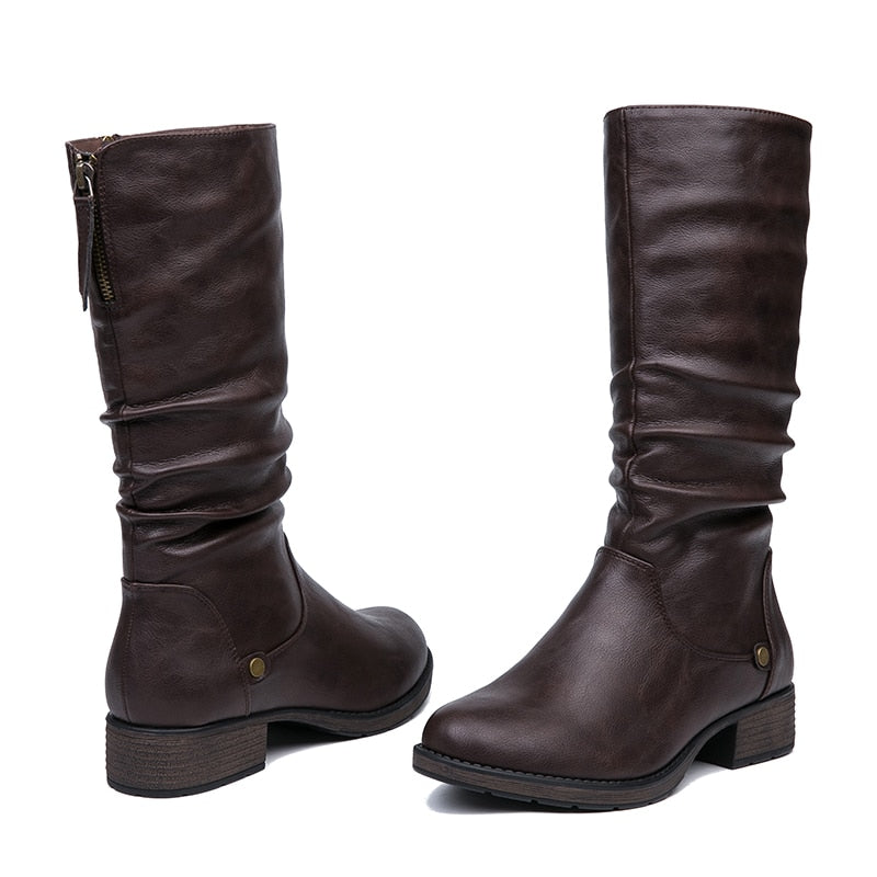 PU Leather Round Toe High Boots