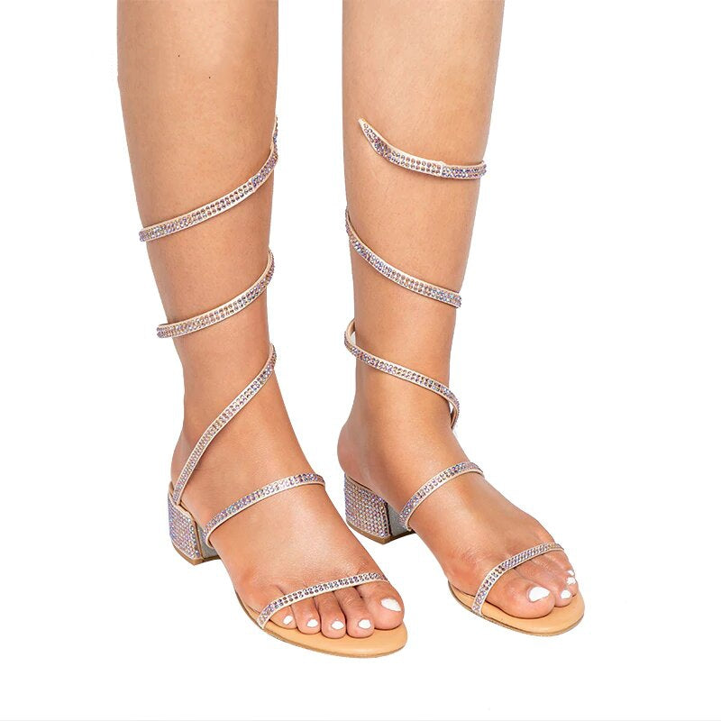 Long-Strap Serpentine Gladiator Sandals With Rhinestones