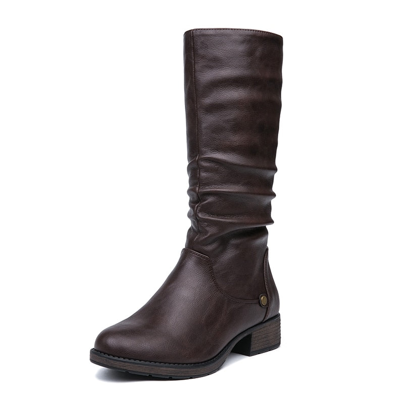 PU Leather Round Toe High Boots