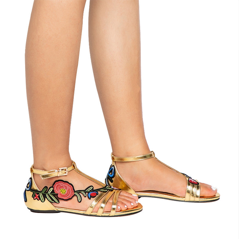 Sandalias planas de gladiador con bordado floral 