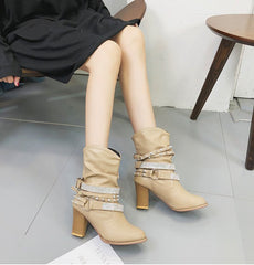 Mid-Calf PU Leather Ankle Boots With Buckles