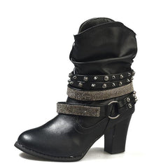 PU Leather High-Heeled Ankle Boots With Decorative Buckles