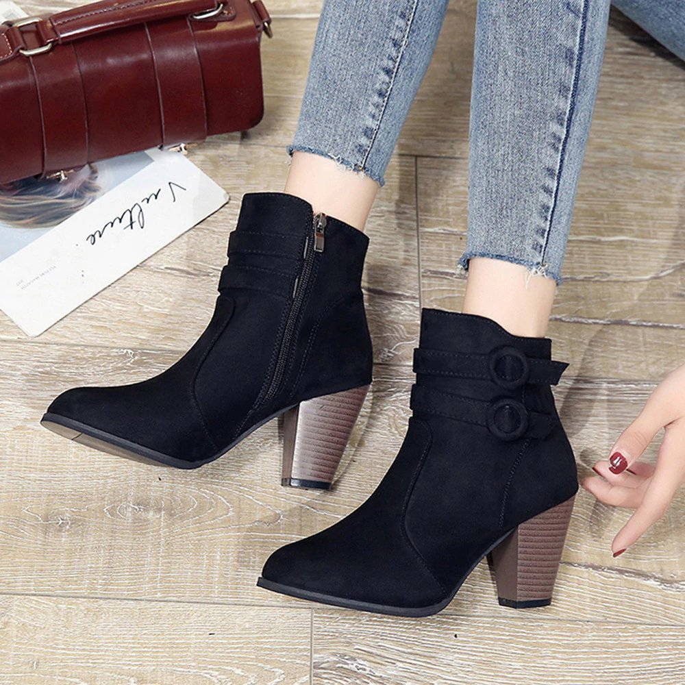 High-Heeled Ankle Boots With Fleece Lining