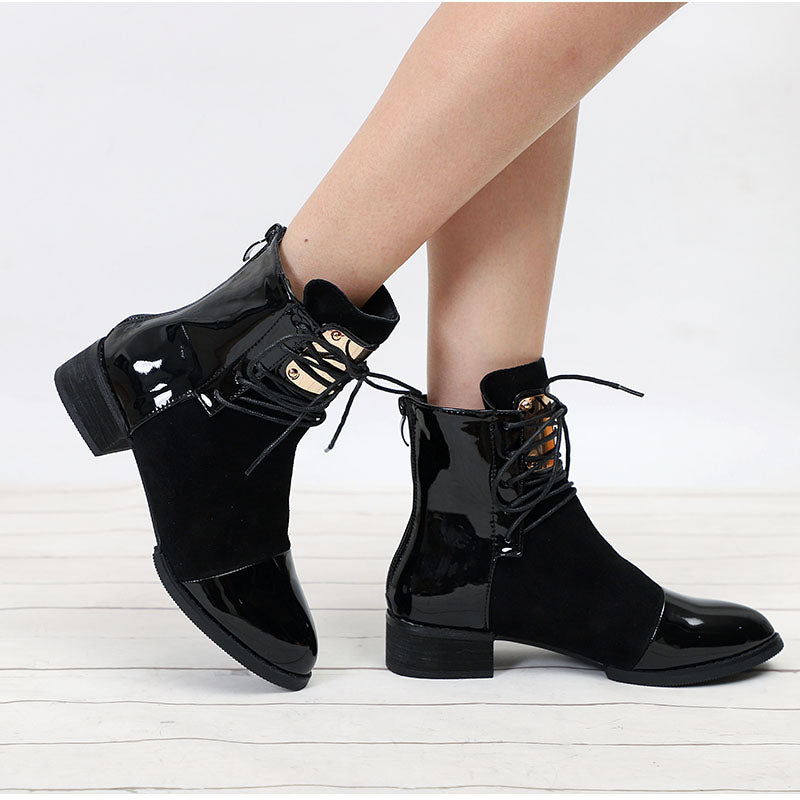 Patent Leather Low-Heeled Ankle Boots