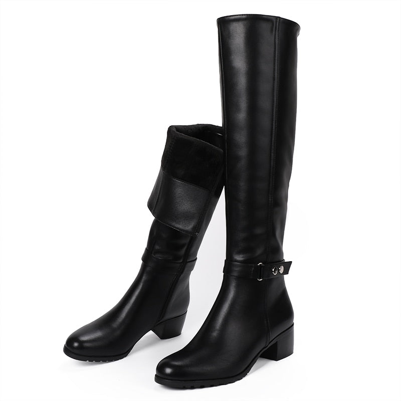 Leather Round Toe High Boots