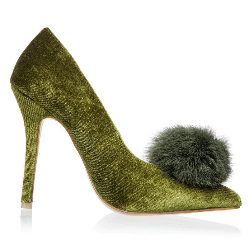 High-Heeled Velvet Pumps With Fur Pom-Pom