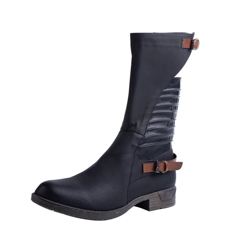 PU Leather Western Calf Boots With Buckles