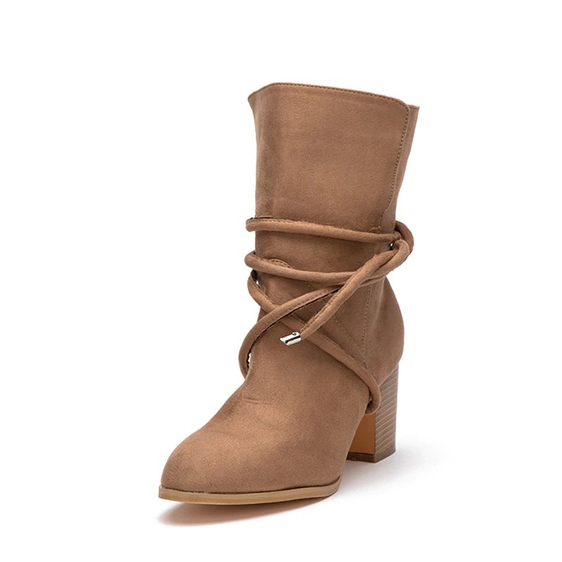 Heeled Cross-Tied Mid-Calf Flock Boots