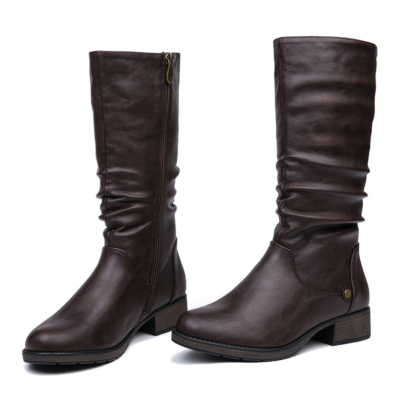 PU Leather Round Toe High Boots