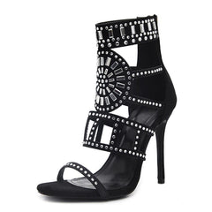 Flock High-Heeled Ankle-Wrap Sandals With Rhinestones