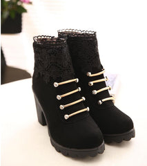 PU Leather Round Toe Ankle Boots Decorated With Lace