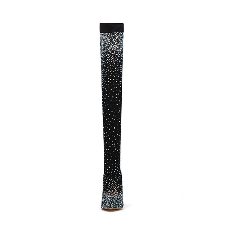 Stretch Heeled Over-The-Knee High Boots Decorated With Crystals