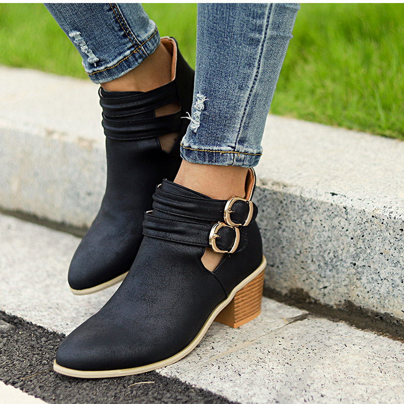 Casual Buckle Ankle Boots With Wooden Heels