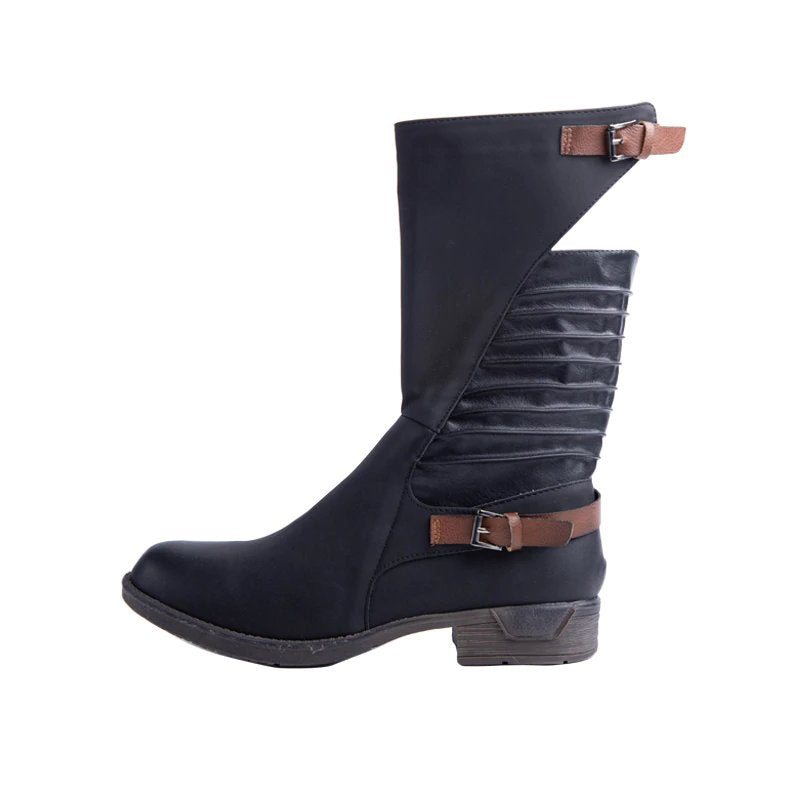 PU Leather Western Calf Boots With Buckles