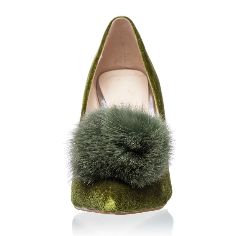 High-Heeled Velvet Pumps With Fur Pom-Pom