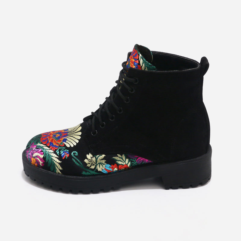 Suede Casual Ankle Boots With Flower Embroidery