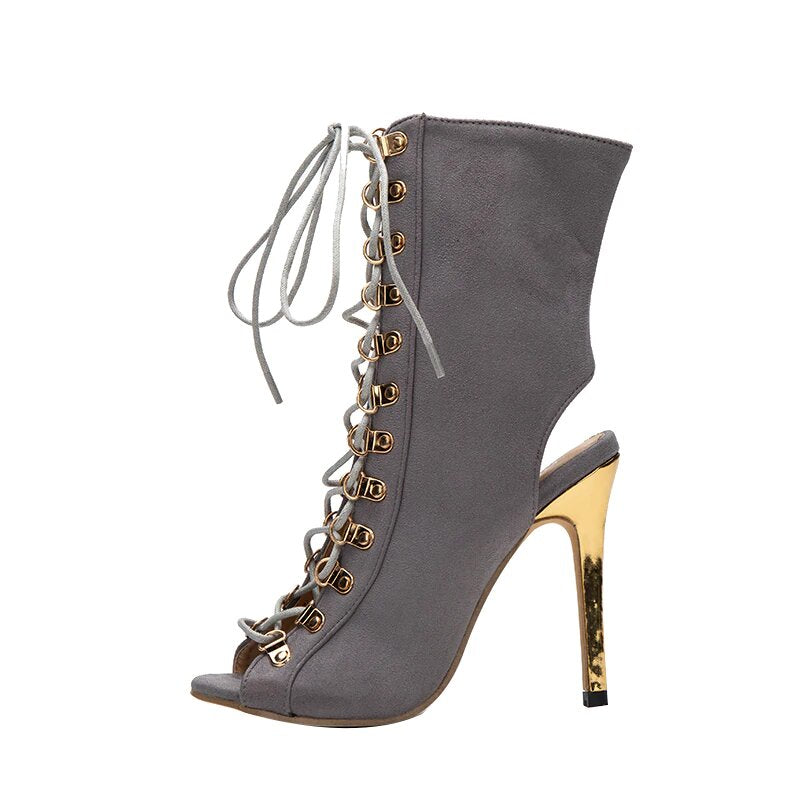 Flock High-Heeled T-Tied Ankle Boots With Peep Toe