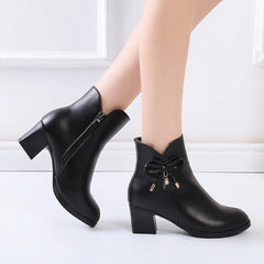 PU Leather Heeled Ankle Boots With Decorative Bow