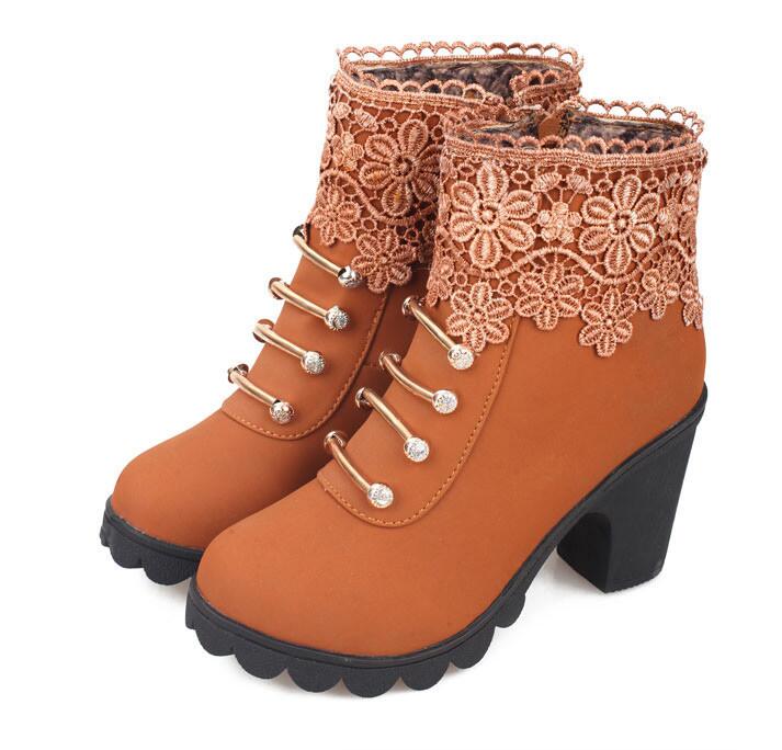 PU Leather Round Toe Ankle Boots Decorated With Lace