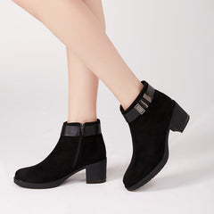 Suede Leather Ankle Boots With Thick Heels