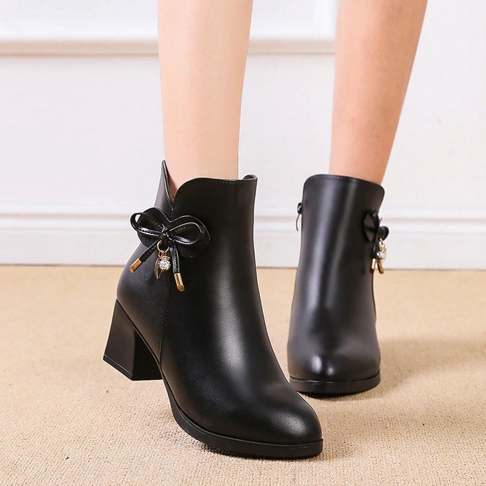 PU Leather Heeled Ankle Boots With Decorative Bow