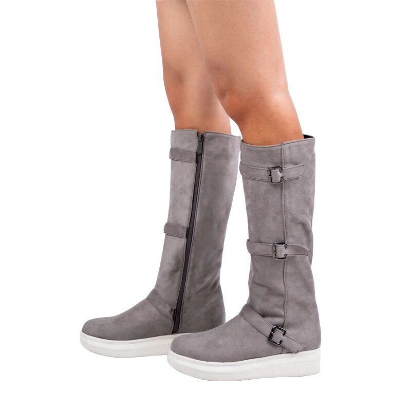 Warm Mid-Calf Snow Flat Boots With Buckles