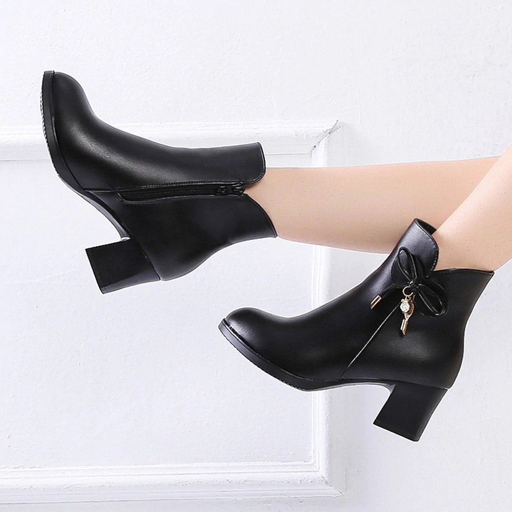 PU Leather Heeled Ankle Boots With Decorative Bow