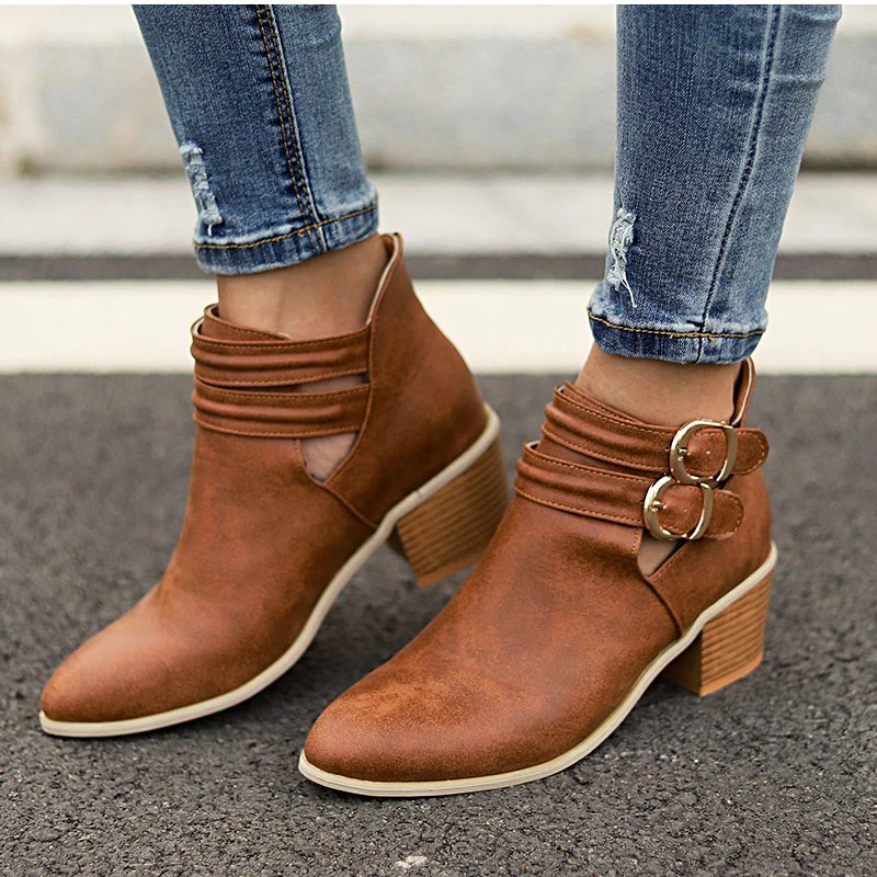 Casual Buckle Ankle Boots With Wooden Heels