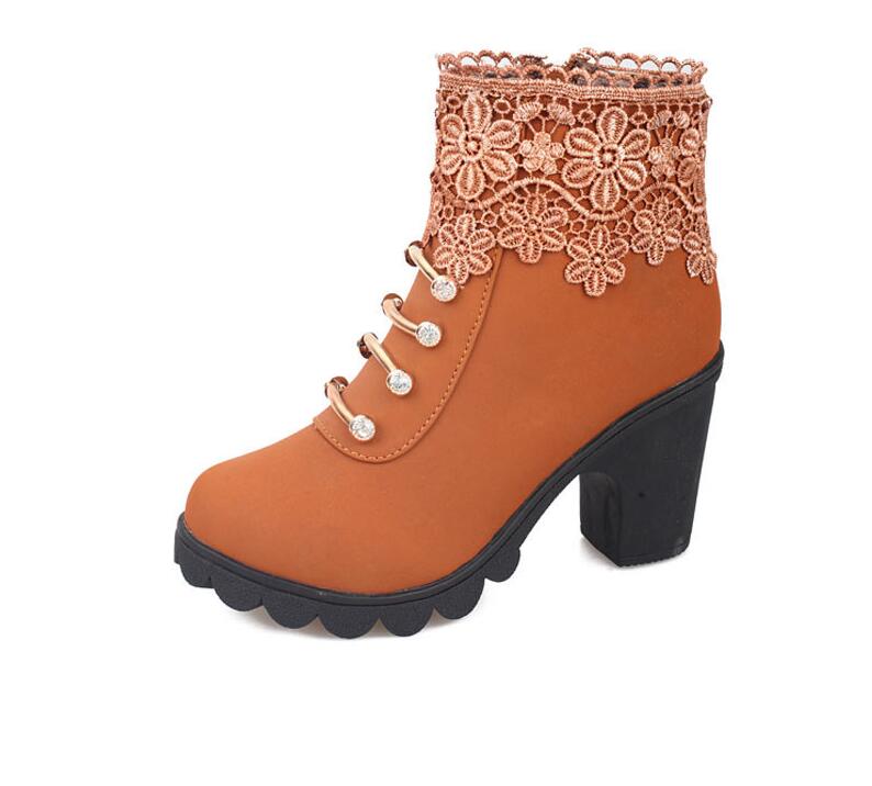 PU Leather Round Toe Ankle Boots Decorated With Lace