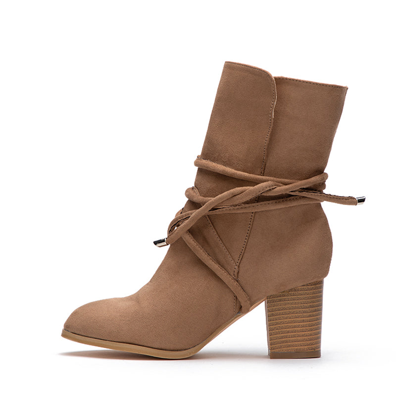 Heeled Cross-Tied Mid-Calf Flock Boots