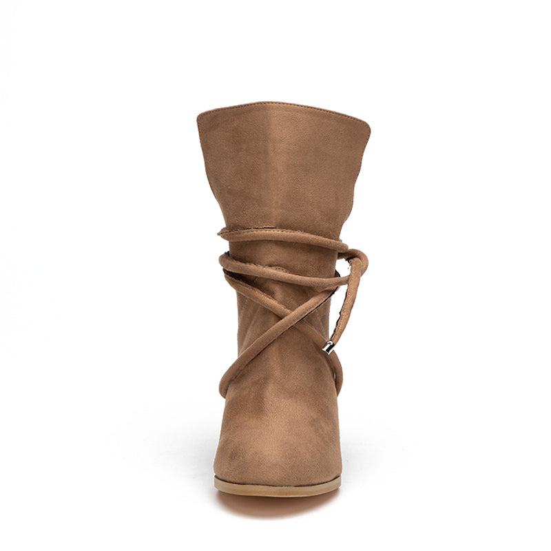 Heeled Cross-Tied Mid-Calf Flock Boots