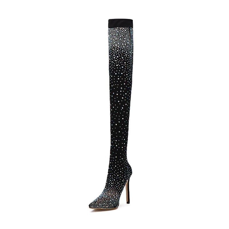 Stretch Heeled Over-The-Knee High Boots Decorated With Crystals