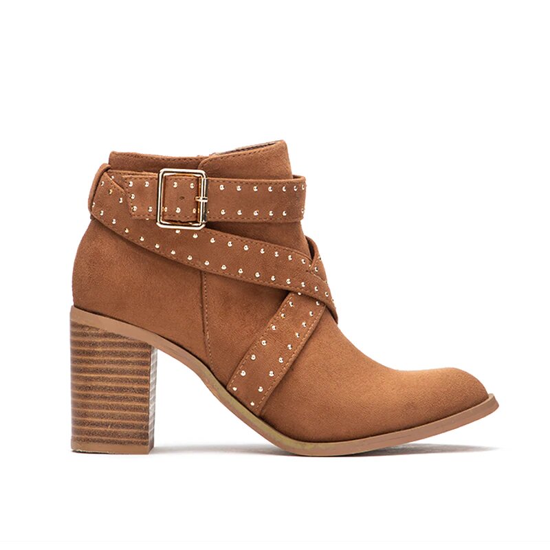 Warm Square-Heeled Flock Ankle Boots With Buckles and Rivets