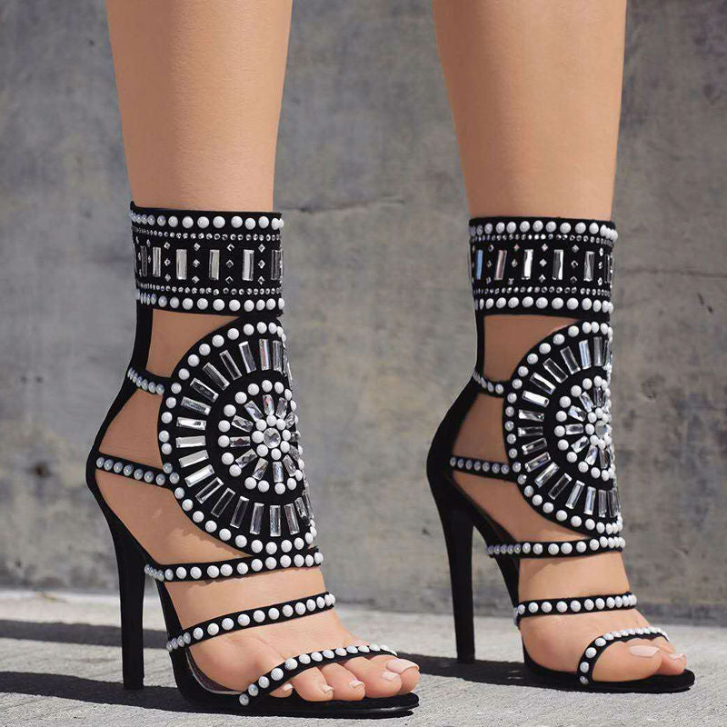 Flock High-Heeled Ankle-Wrap Sandals With Rhinestones