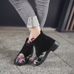 Suede Casual Ankle Boots With Flower Embroidery