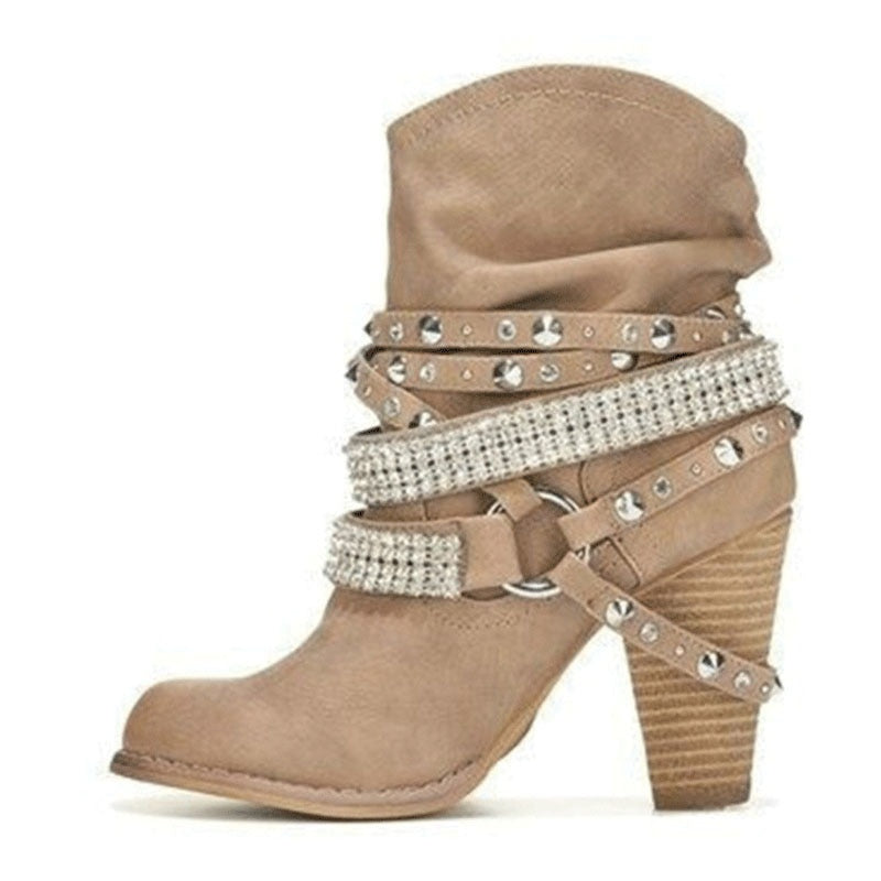 PU Leather High-Heeled Ankle Boots With Decorative Buckles