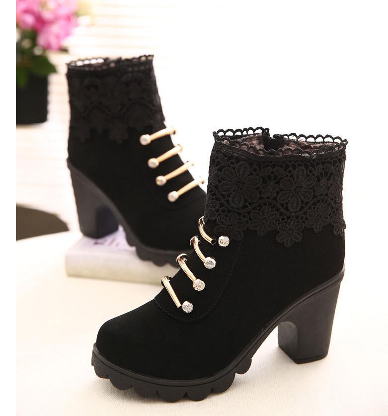 PU Leather Round Toe Ankle Boots Decorated With Lace