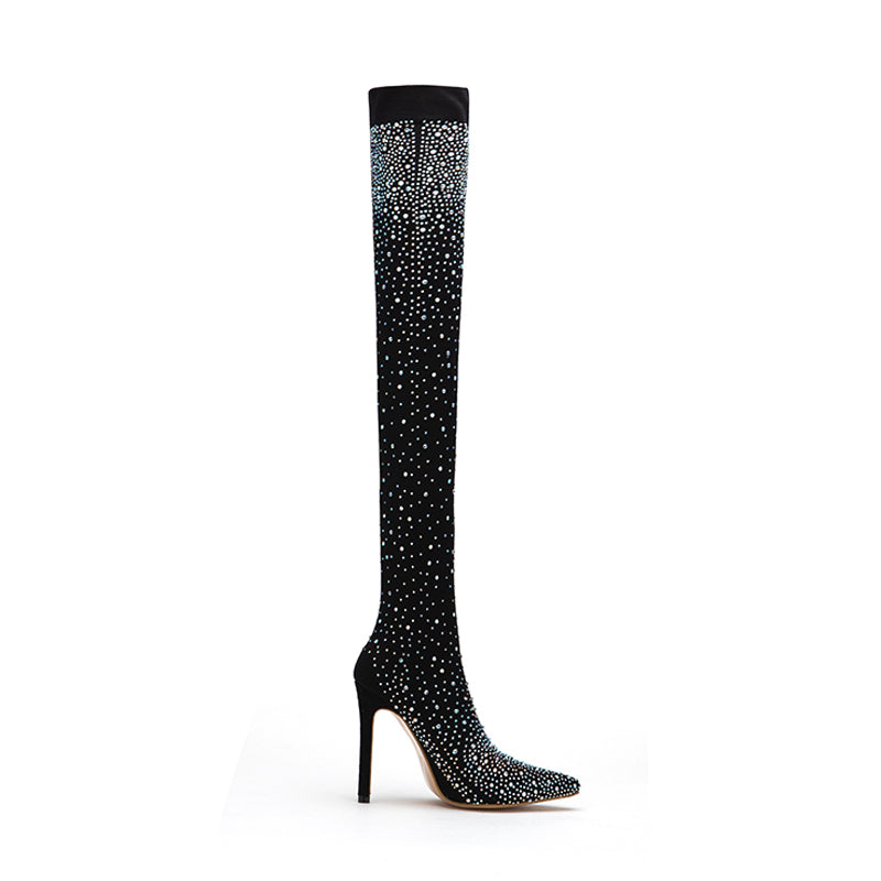 Stretch Heeled Over-The-Knee High Boots Decorated With Crystals