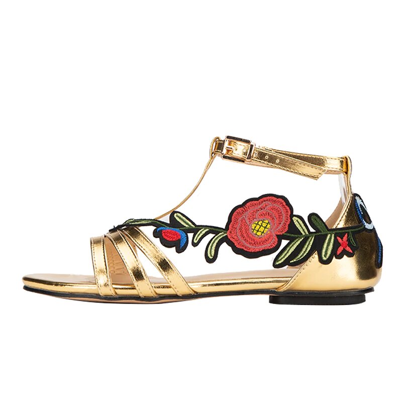 Sandalias planas de gladiador con bordado floral 