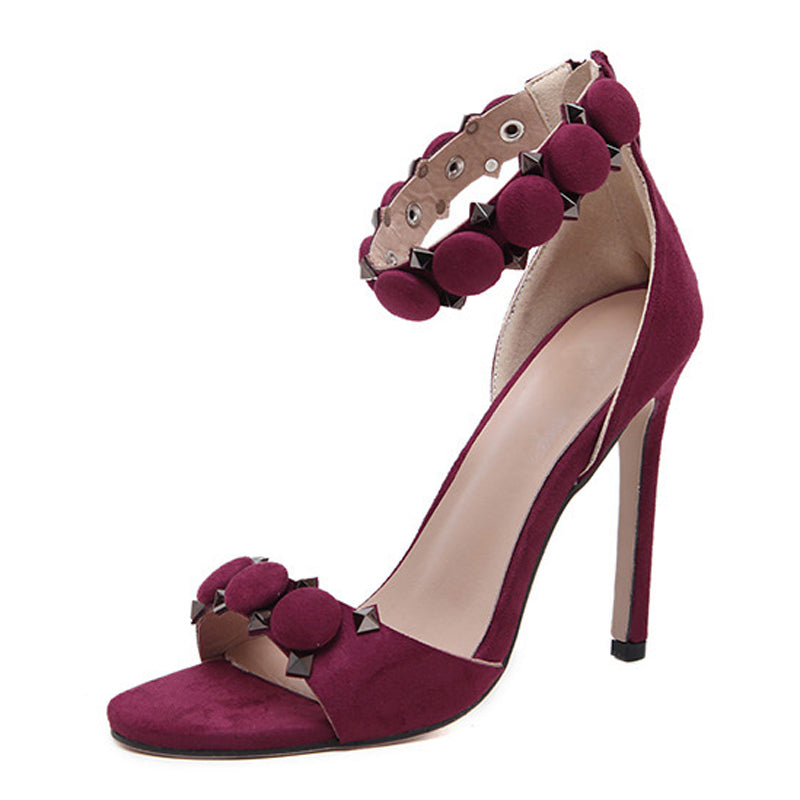 Flock High-Heeled Ankle-Wrap Sandals With Rivets