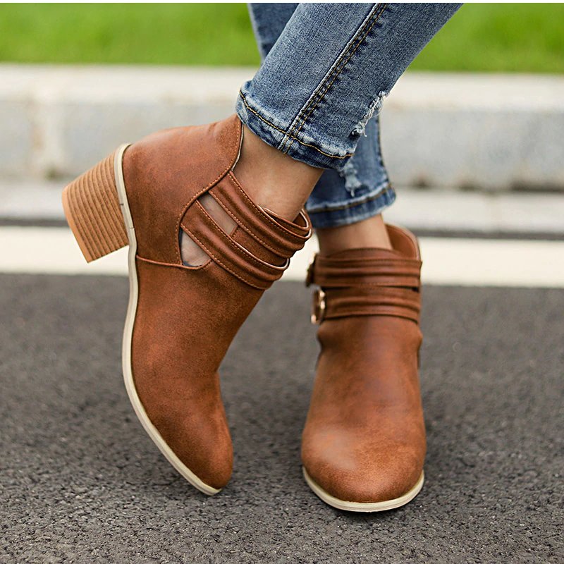 Casual Buckle Ankle Boots With Wooden Heels