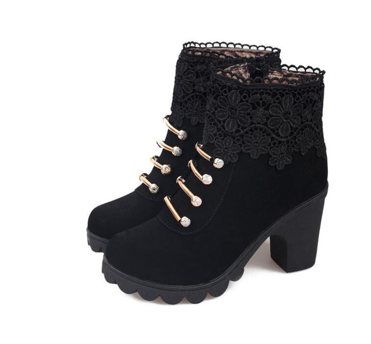 PU Leather Round Toe Ankle Boots Decorated With Lace