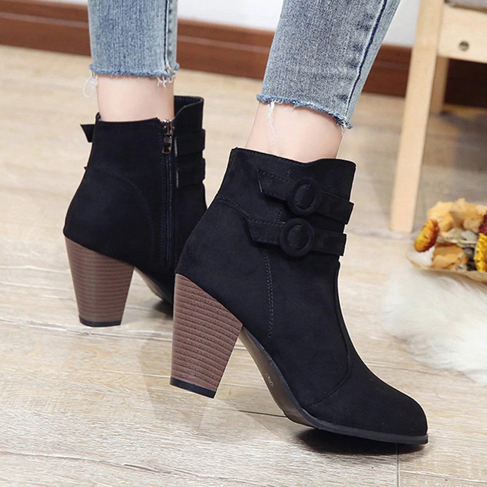 High-Heeled Ankle Boots With Fleece Lining