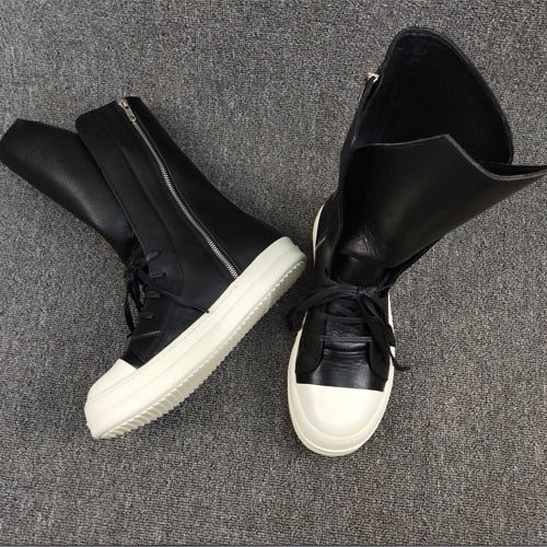 Leather Sneakers  Black Round Toe High-top Unisex