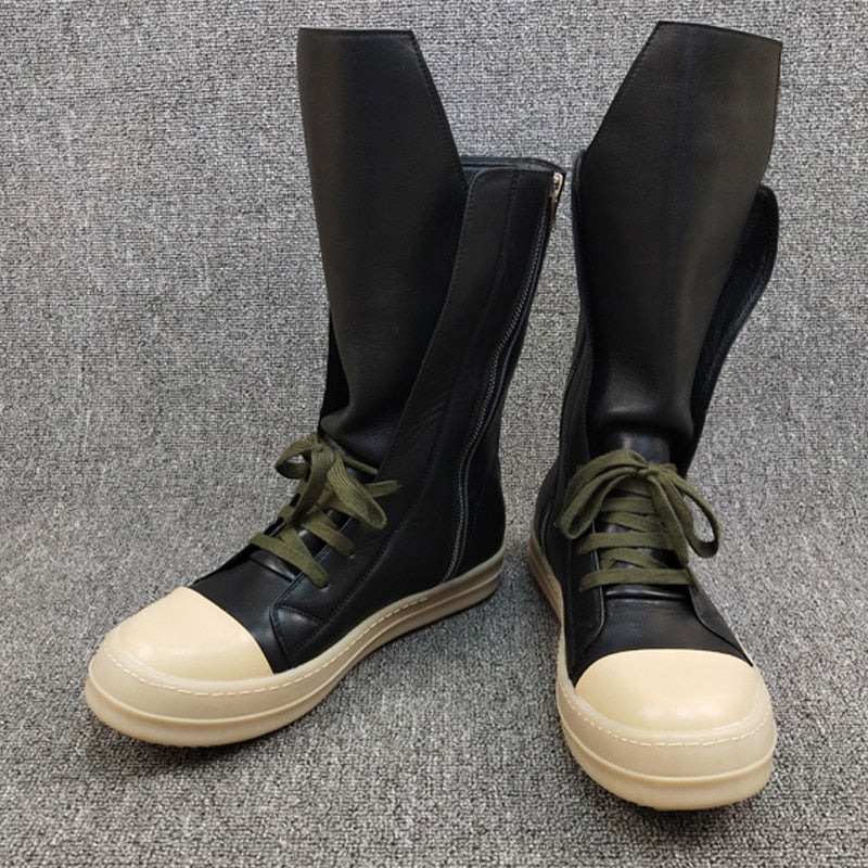 Leather Sneakers  Black Round Toe High-top Unisex