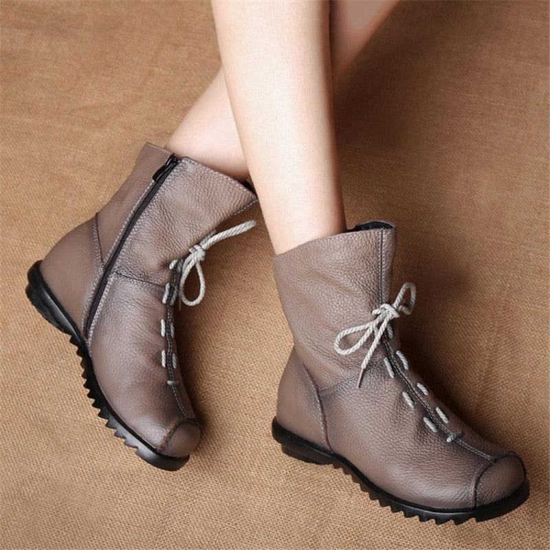 Retro-Style Handmade Black Leather Boots for Women