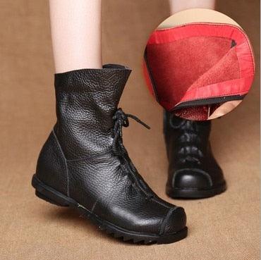 Retro-Style Handmade Black Leather Boots for Women