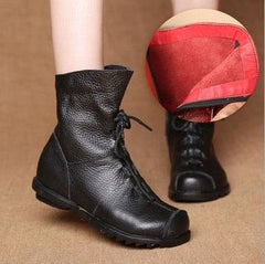 Retro-Style Handmade Black Leather Boots for Women