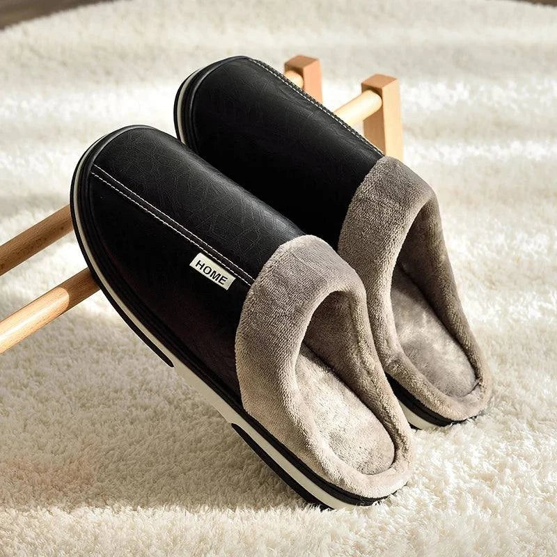 Winter Slippers for Big Size Men Home PU Leather Shoes