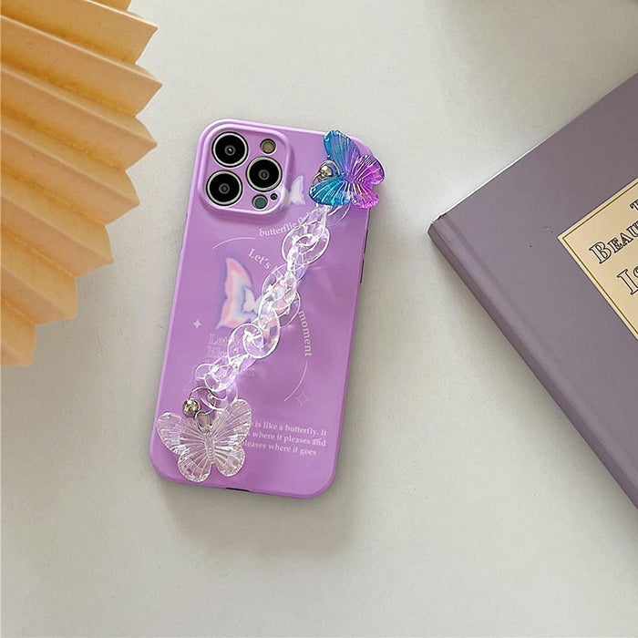 Funda para iPhone con cadena de mariposa holográfica